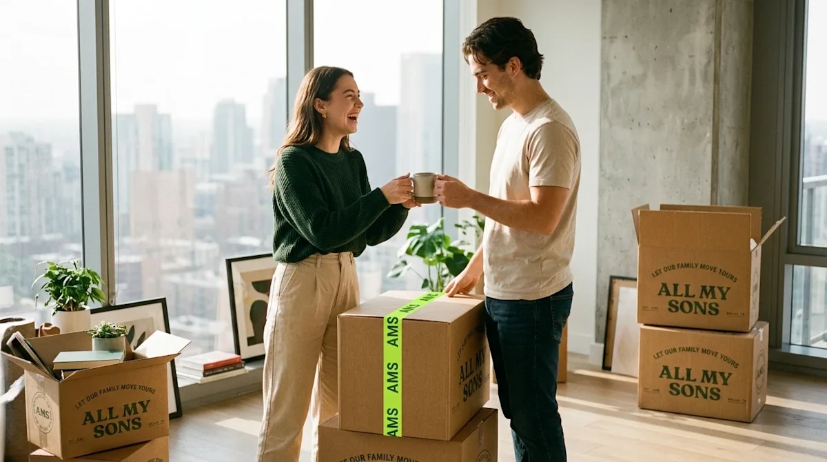 Candid lifestyle photography, 35mm film aesthetic, a happy young couple unpacking in their new modern high-rise condo.