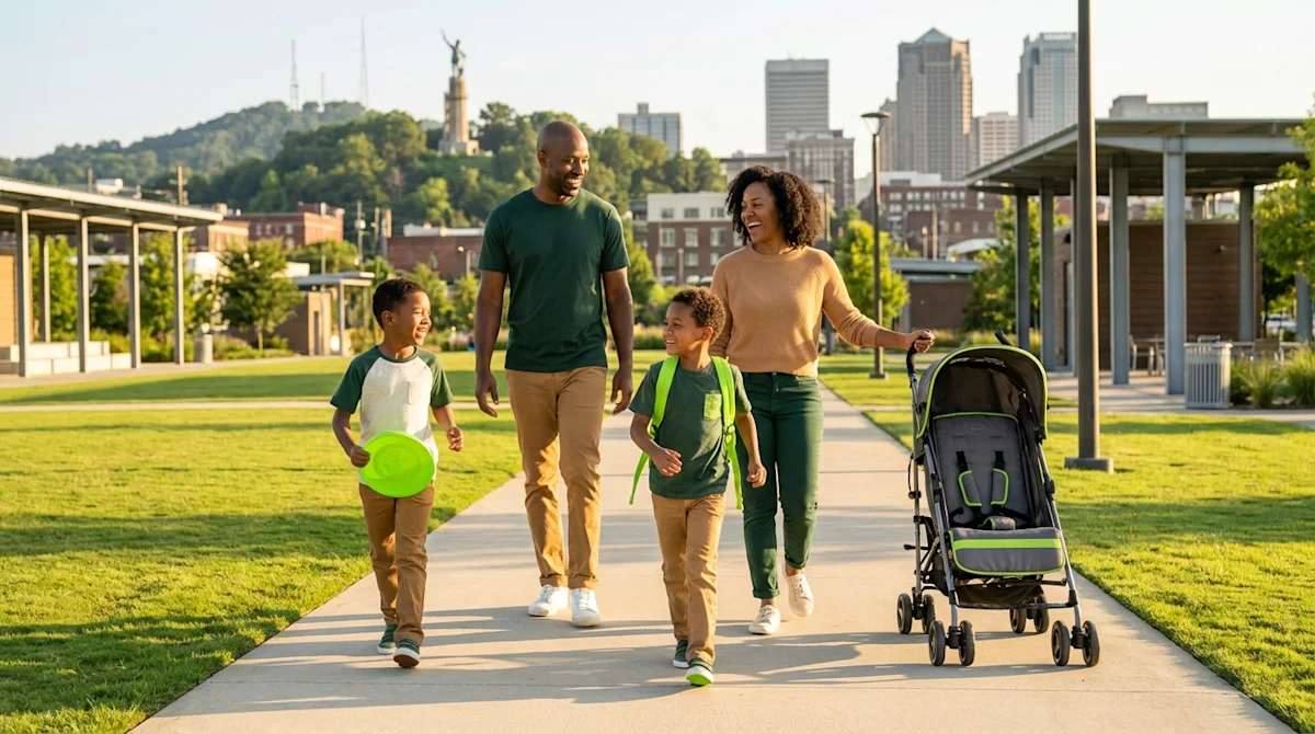 A happy family enjoys a day out at Railroad Park in Birmingham, Alabama, with the city skyline in the background.