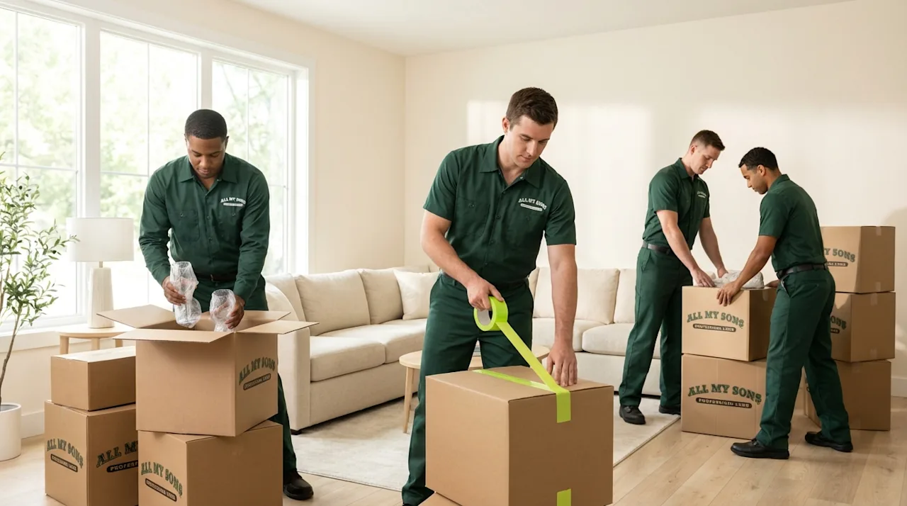 Professional movers in green uniforms carefully packing boxes in a sunlit living room for All My Sons.