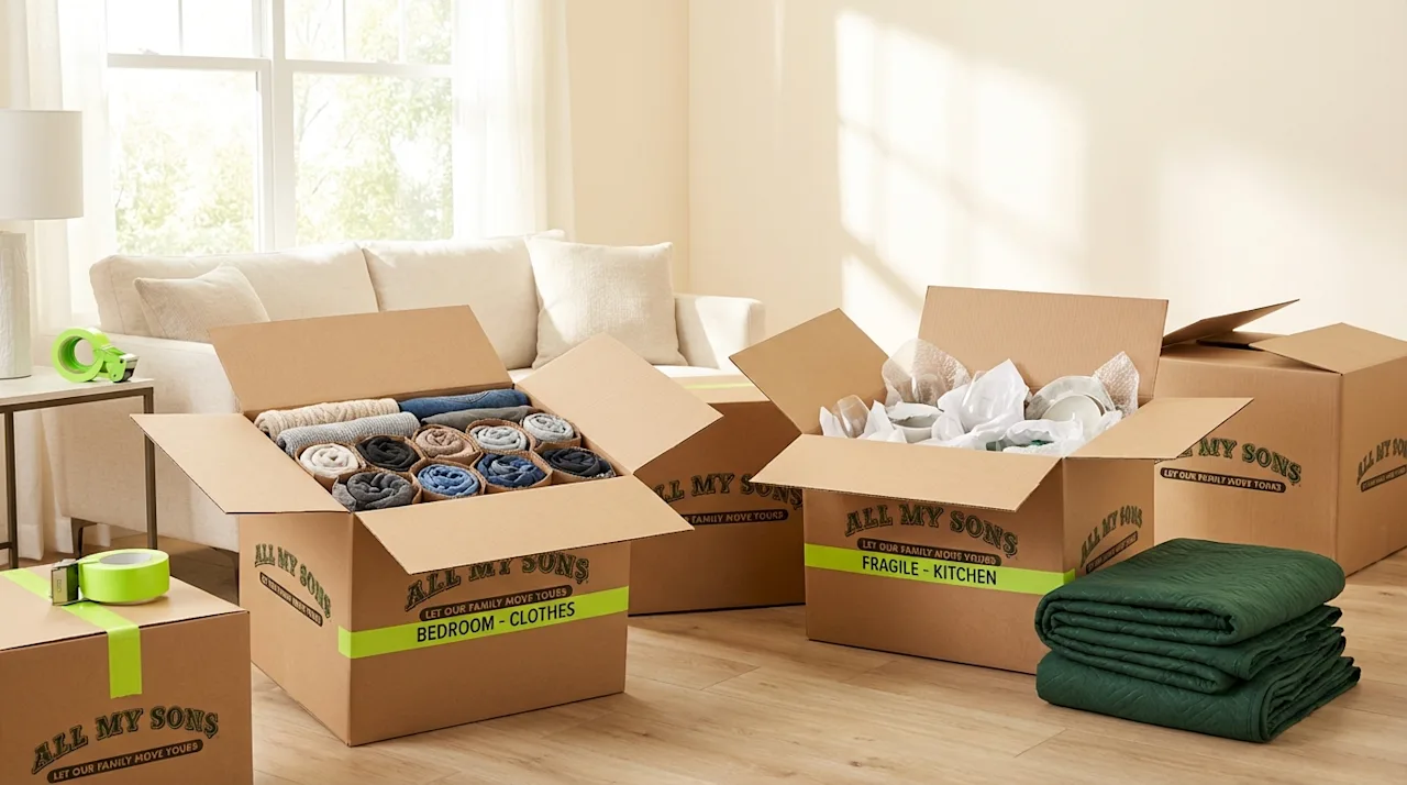 All My Sons moving boxes with rolled clothes and lime green labels demonstrating smart packing hacks.