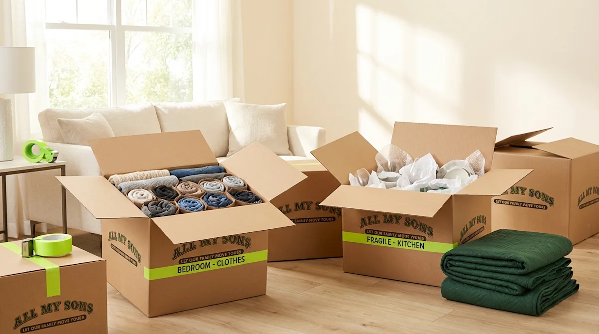 All My Sons moving boxes with rolled clothes and lime green labels demonstrating smart packing hacks.