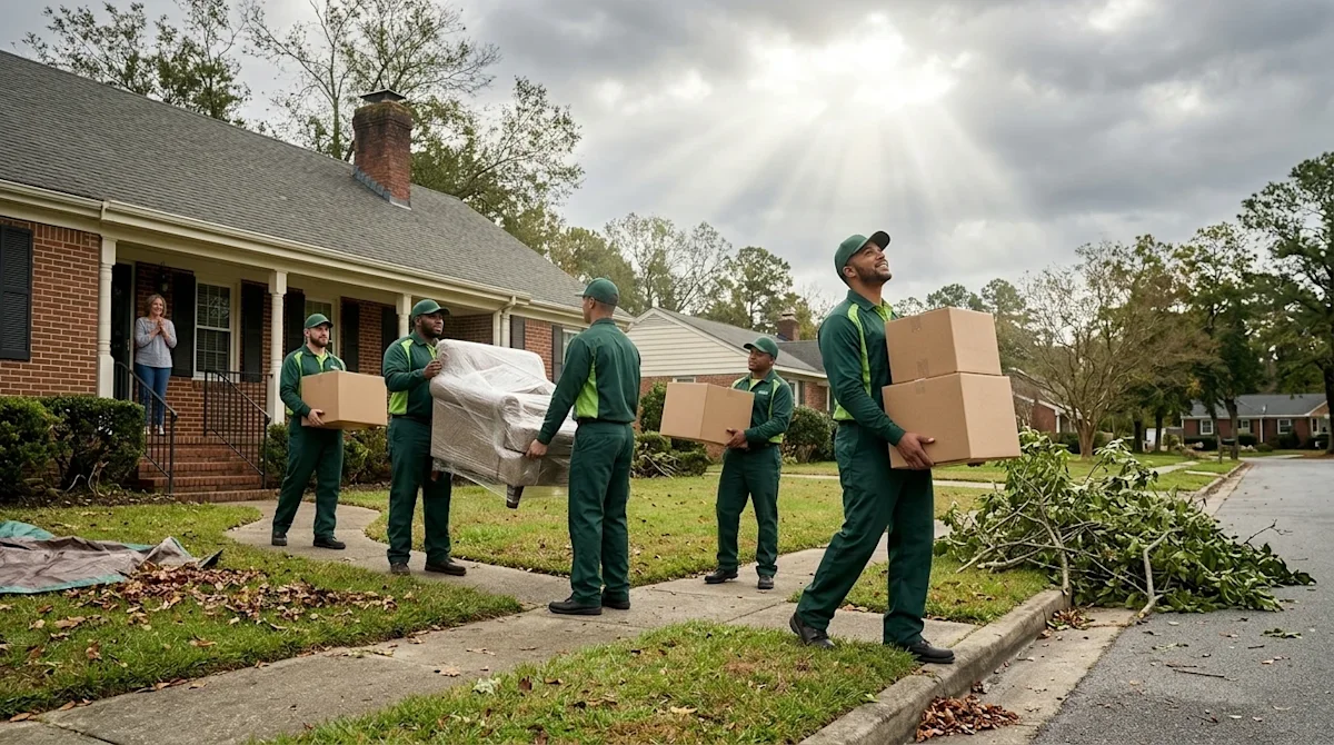 Professional photography of a team of professional movers in clean, unified work uniforms helping a community recover from a