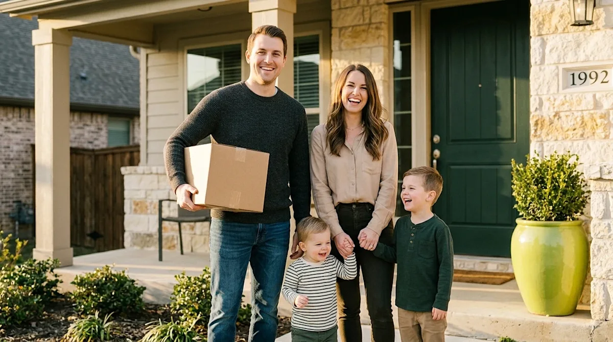 Professional marketing photography of a cheerful young family standing on the welcoming front porch of their new home in Fort