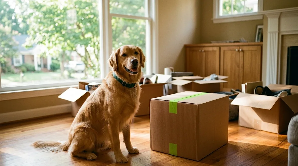 Candid lifestyle photography of a happy dog sitting comfortably on a warm hardwood floor in a sunlit, partially packed living