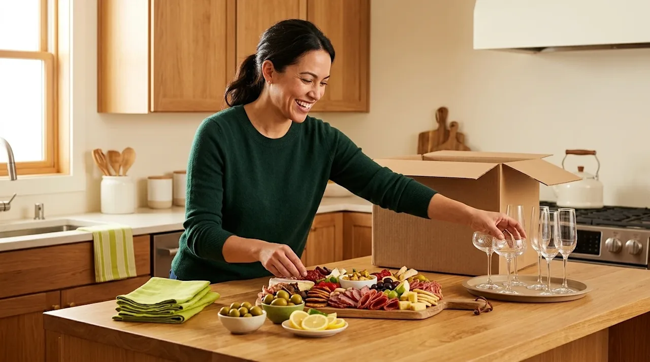 Professional marketing photography of a joyful host preparing for a housewarming party in a warm, inviting kitchen. The host
