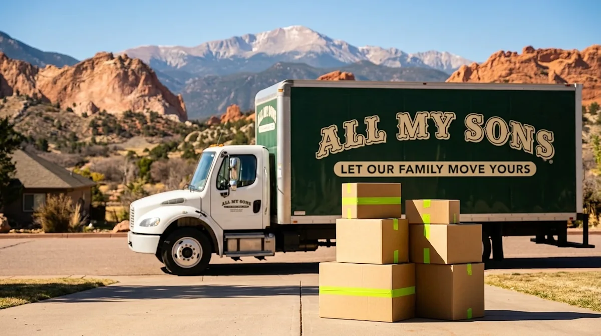 A high-quality, photorealistic photograph capturing a beautiful, sunny moving day in Colorado Springs. In the foreground, a n