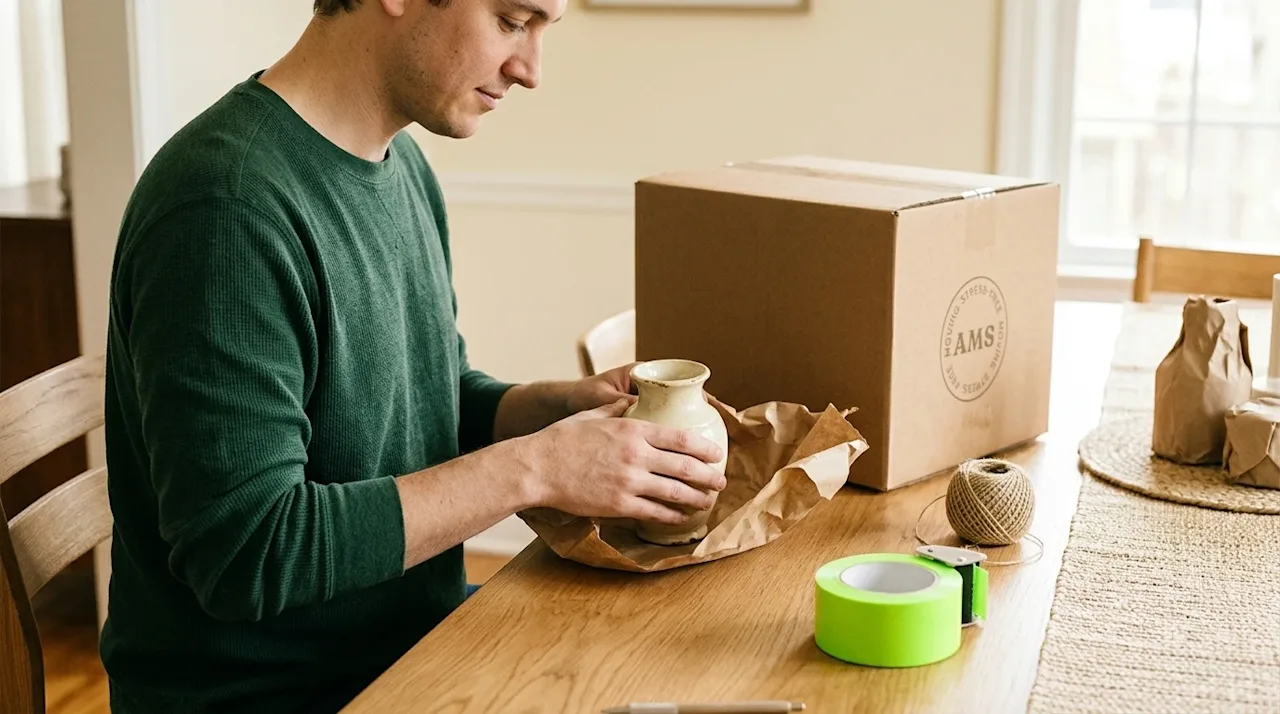 Clear and professional lifestyle marketing photography of a person carefully wrapping delicate home decor items with packing