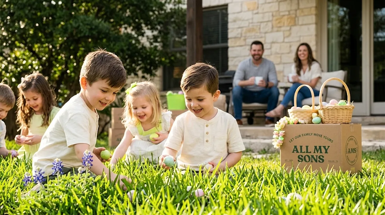 Professional marketing photography of young kids having a joyful Easter egg hunt in the sunny, warm backyard of a classic San