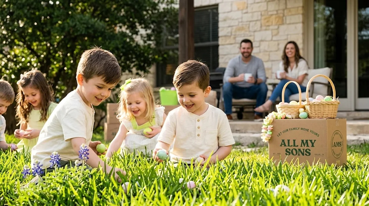 Professional marketing photography of young kids having a joyful Easter egg hunt in the sunny, warm backyard of a classic San