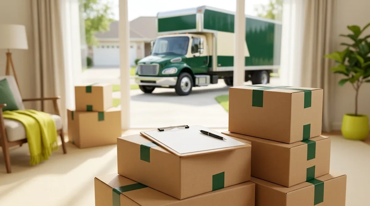 High-quality commercial photography of a bright, well-organized home interior preparing for moving day. 