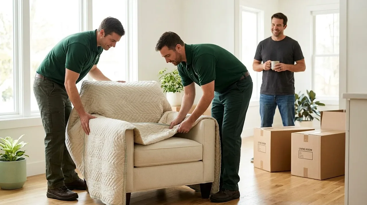 Professional marketing photography of a stress-free, full-service home move. Two professional movers wearing clean, dark fore