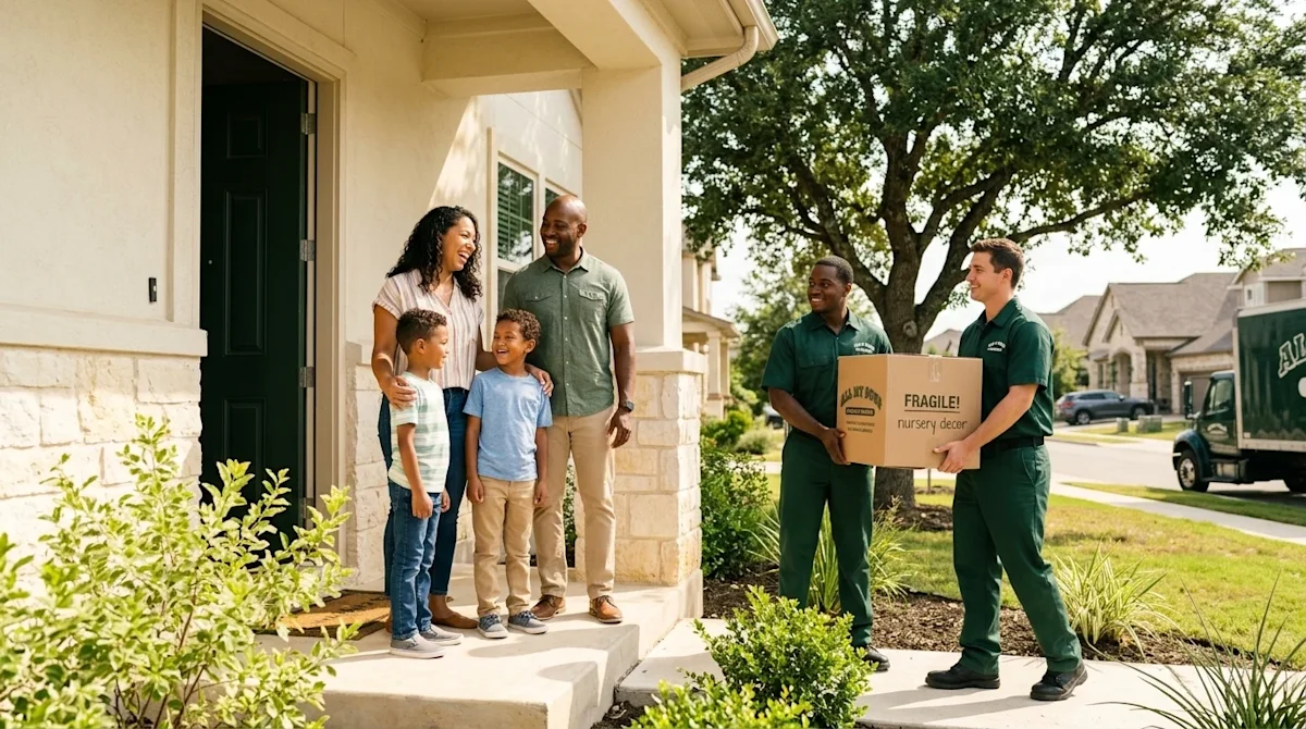 Clear and professional marketing photography of a bright, sunny moving day in San Antonio, Texas. A happy, relaxed family sta