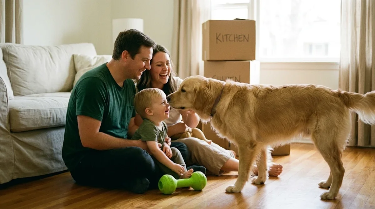 Candid lifestyle photograph of a happy, friendly Golden Retriever playfully interacting with a smiling family, including a yo