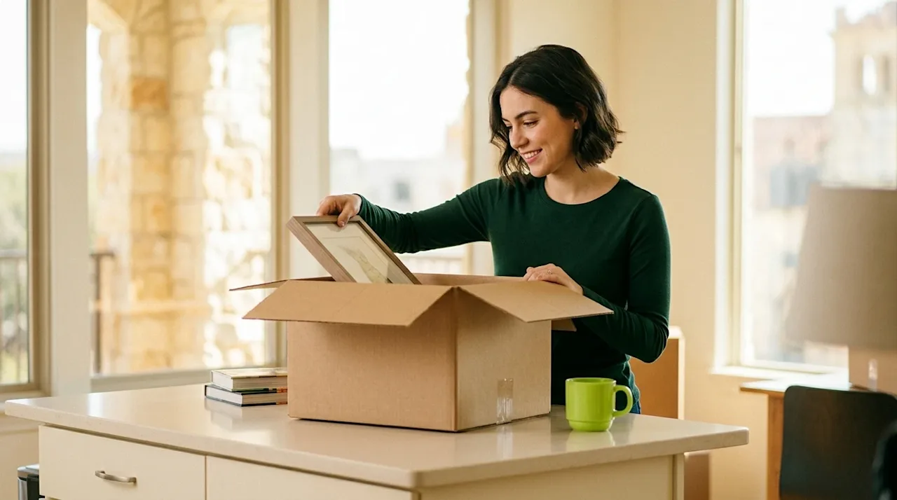 Professional marketing photography of an optimistic young professional unpacking a single, clean cardboard moving box in a br