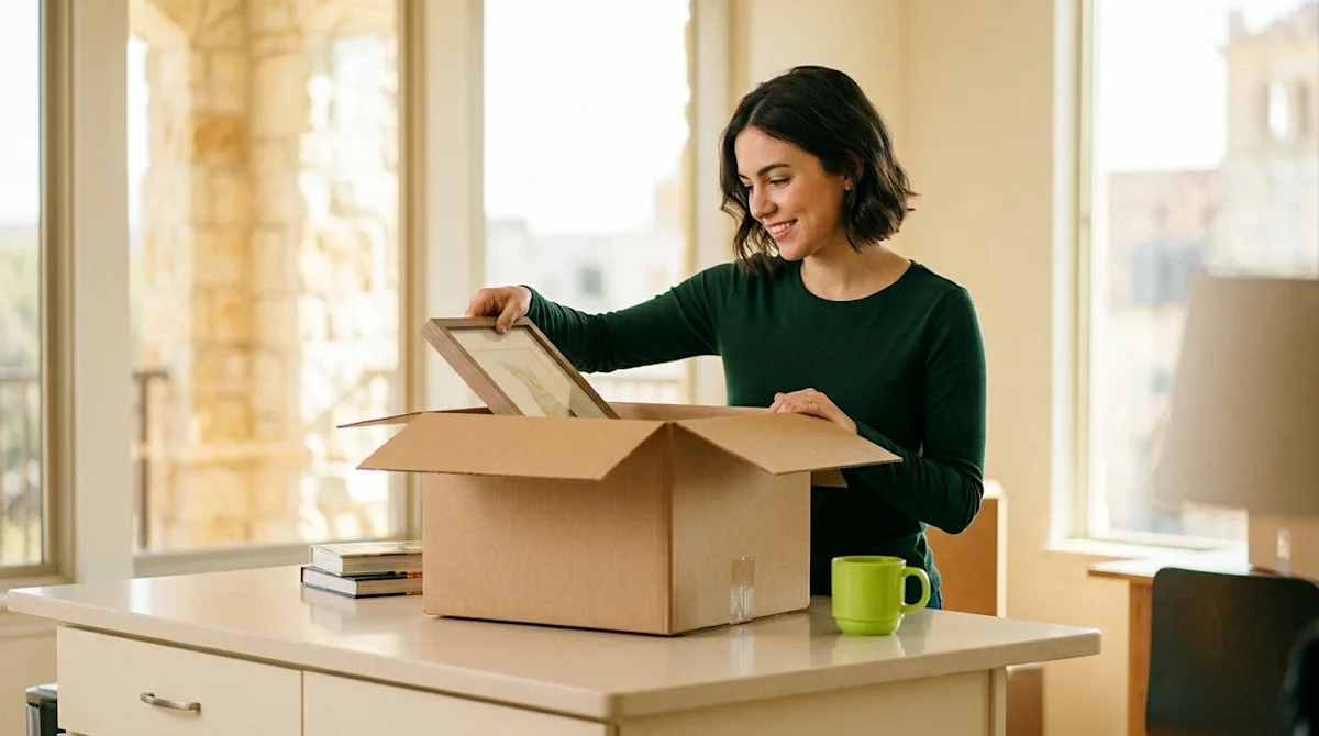 Professional marketing photography of an optimistic young professional unpacking a single, clean cardboard moving box in a br