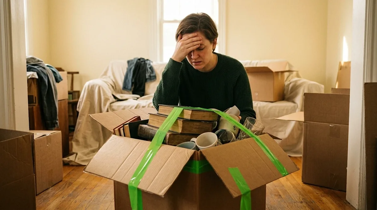 Candid lifestyle photography, 35mm film aesthetic, warm vintage lighting, slight film grain. An overwhelmed homeowner in a li