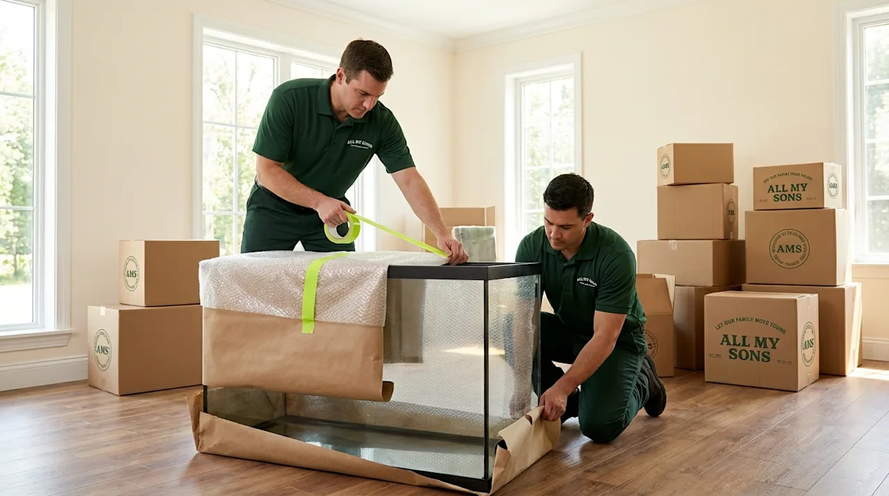 All My Sons movers carefully packing a large glass aquarium with bubble wrap and tape in a bright living room.