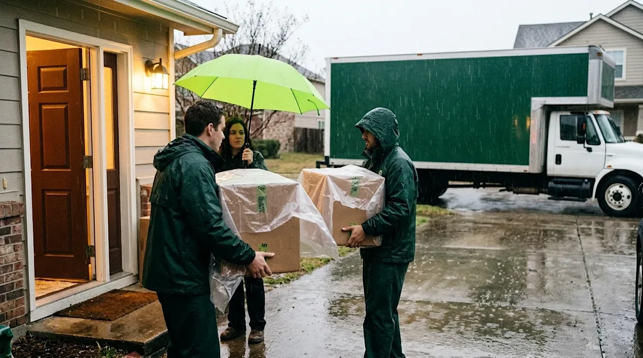 Candid lifestyle photography of professional movers working in the rain, ensuring items stay dry. Two movers wearing dark for