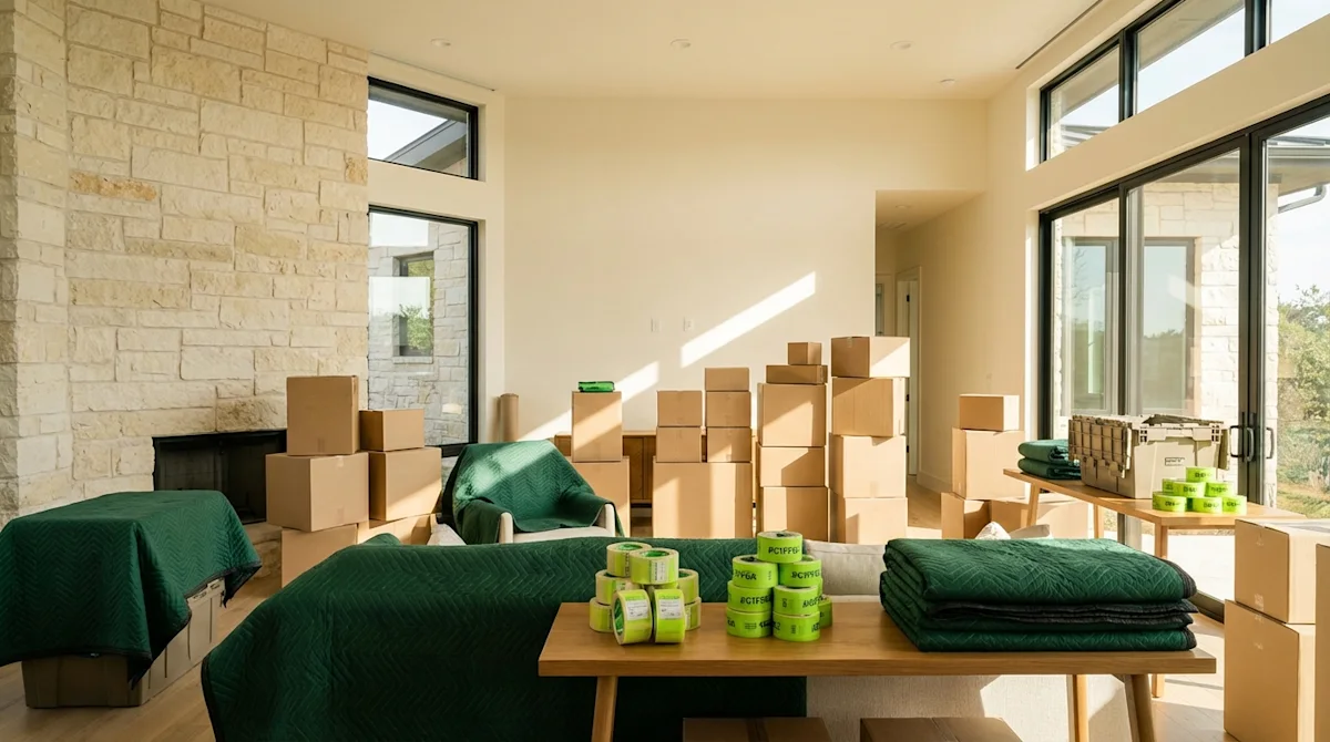 Organized stacks of moving boxes and green packing supplies in a sunlit modern Austin home with limestone walls.