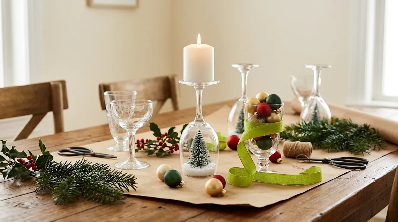 Clear, professional marketing lifestyle photography of a festive holiday DIY crafting scene on a warm wooden dining table. Se