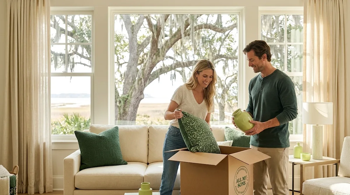 Professional marketing lifestyle photography of a bright, airy coastal home interior in Hilton Head. Large sunlit windows fra