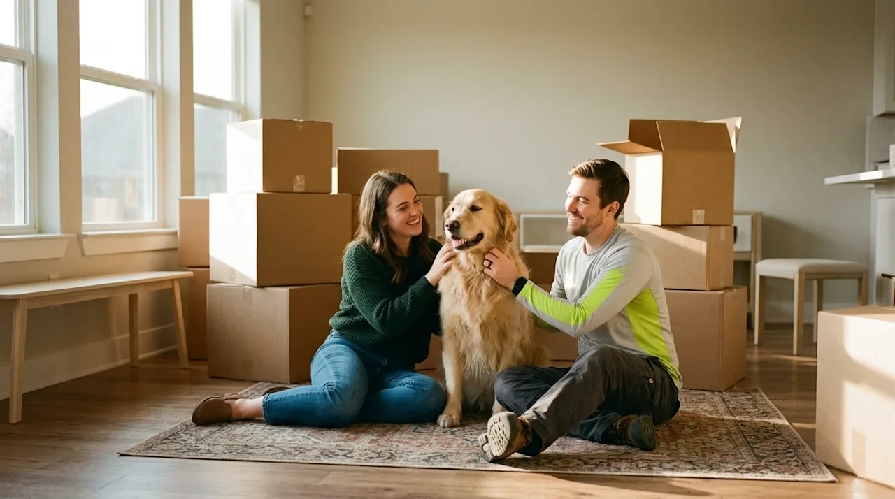 Candid lifestyle photography of a happy couple taking a break from unpacking, sitting on the hardwood floor of a sunlit, airy