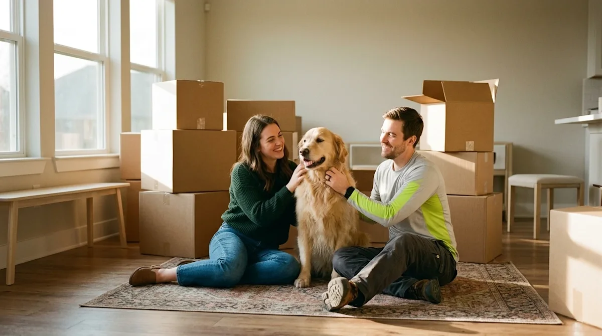 Candid lifestyle photography of a happy couple taking a break from unpacking, sitting on the hardwood floor of a sunlit, airy