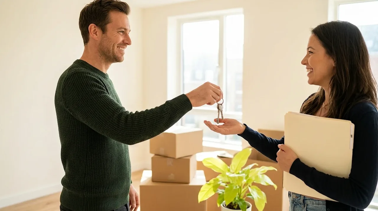 A high-quality lifestyle photograph of a friendly landlord handing a set of house keys to a happy tenant in a newly rented, b