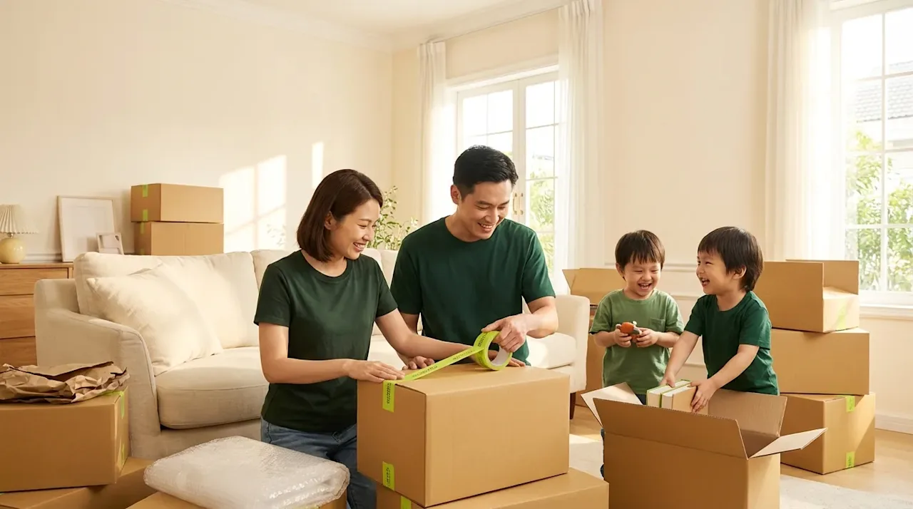 Happy family smiles while packing cardboard boxes in a sun-drenched living room for their upcoming home move.