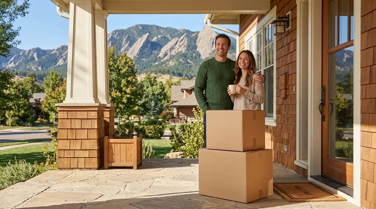 Professional marketing photography of a smiling couple standing on the front porch of a beautiful, welcoming home in Boulder,