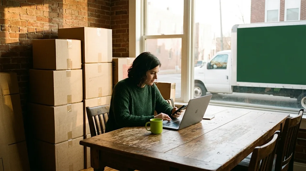 A candid, documentary-style photograph of a person sitting at a rustic wooden dining table in a partially packed home, focuse