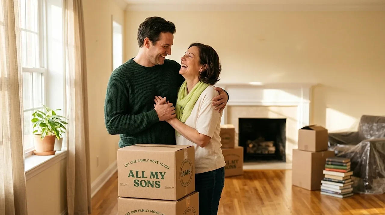 Professional lifestyle marketing photography of a loving couple sharing a tender, joyful, and romantic moment in the living r