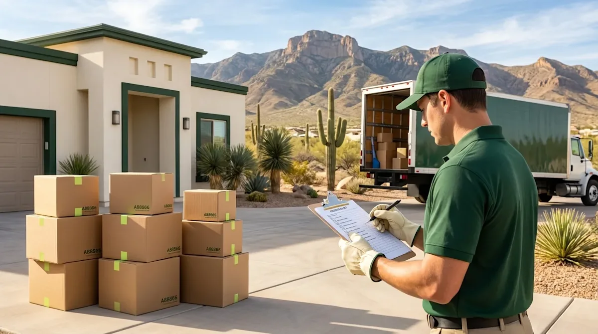 A professional mover reviews a checklist near stacked boxes in El Paso, Texas, with a desert mountain backdrop.