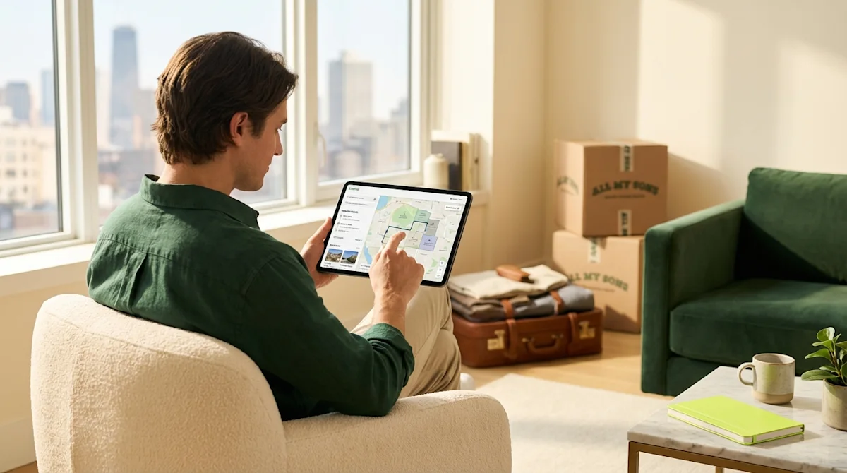 Man researching neighborhoods on a tablet in a sunlit apartment with moving boxes and suitcase.