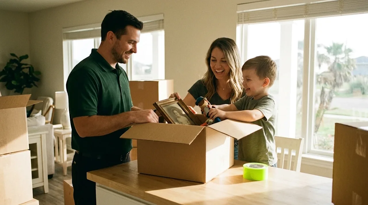 Candid 35mm film photography of a professional mover helping a happy family pack their sunlit home in Corpus Christi. The sce
