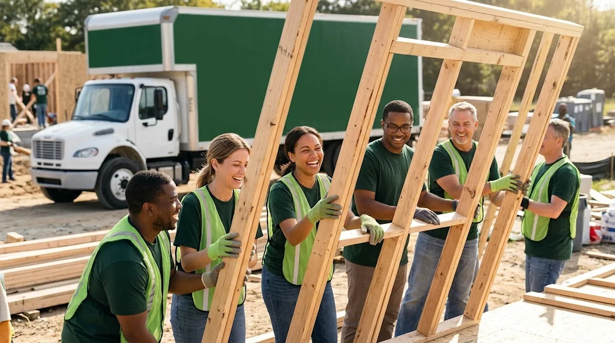 Professional marketing photography of a vibrant community volunteer event for a Habitat for Humanity home build kick-off. A d