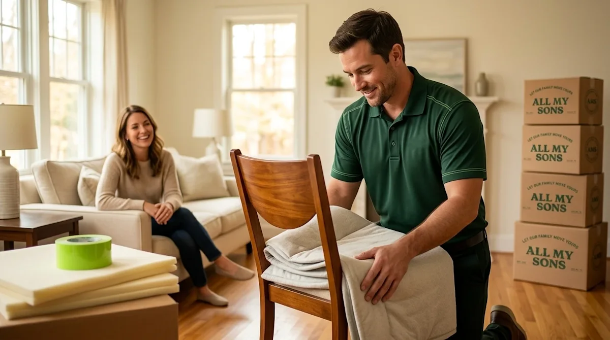 Professional marketing photography for a blog hero image representing full-service moving. A friendly, professional mover wea