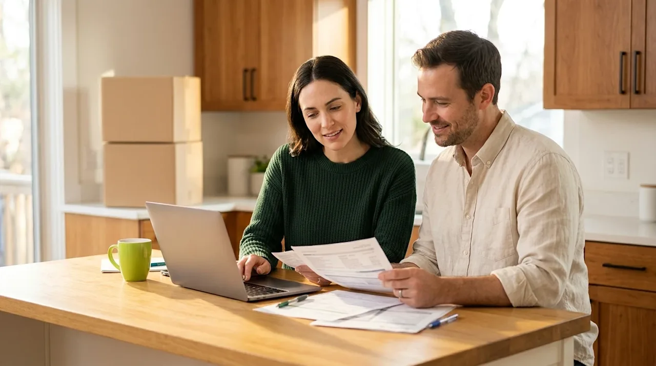 Clear and professional marketing photography of a happy couple sitting at a bright, warm wood kitchen island, reviewing finan