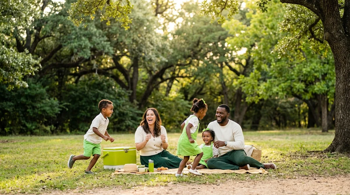 Happy family playing together in a scenic South Austin park surrounded by live oak trees and nature.