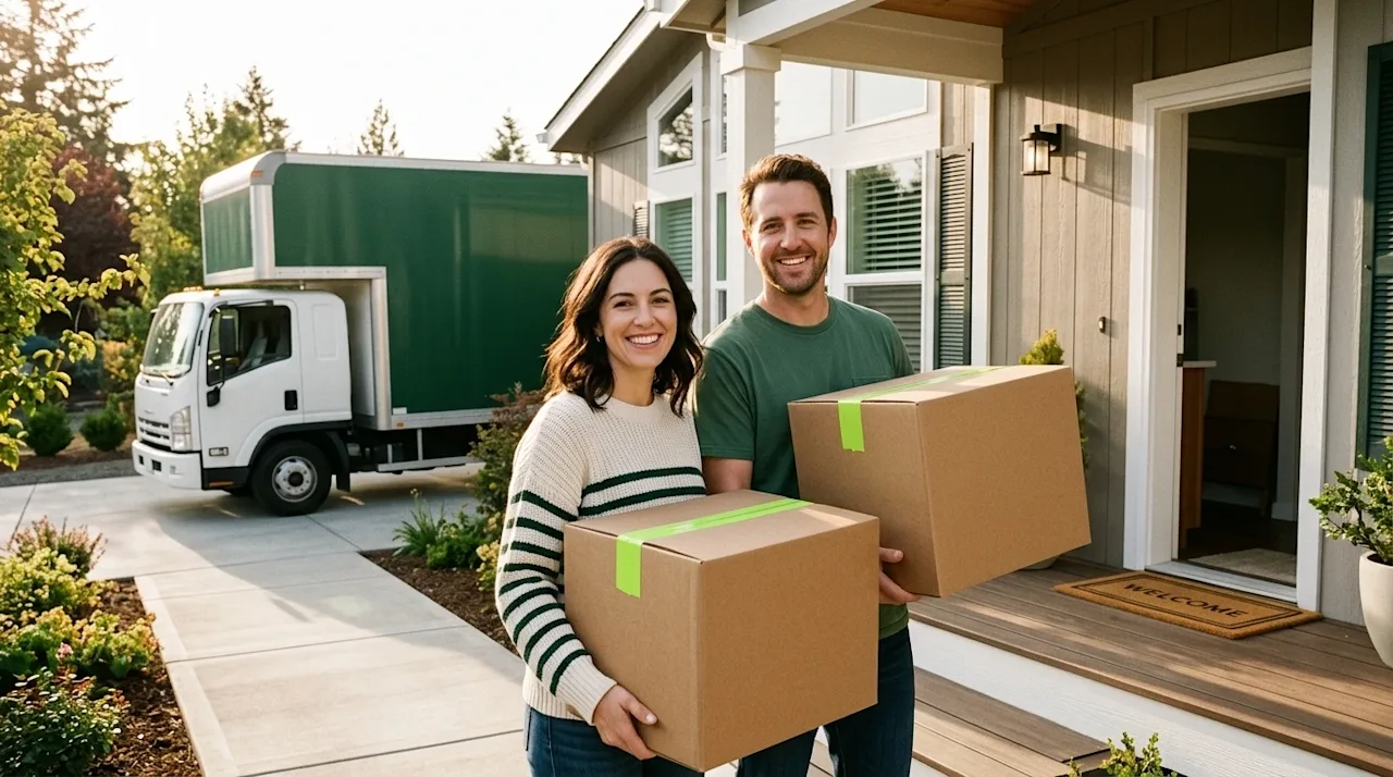 Candid, authentic lifestyle photography of a beautifully styled, modern manufactured home on a bright, sunny day. A happy cou