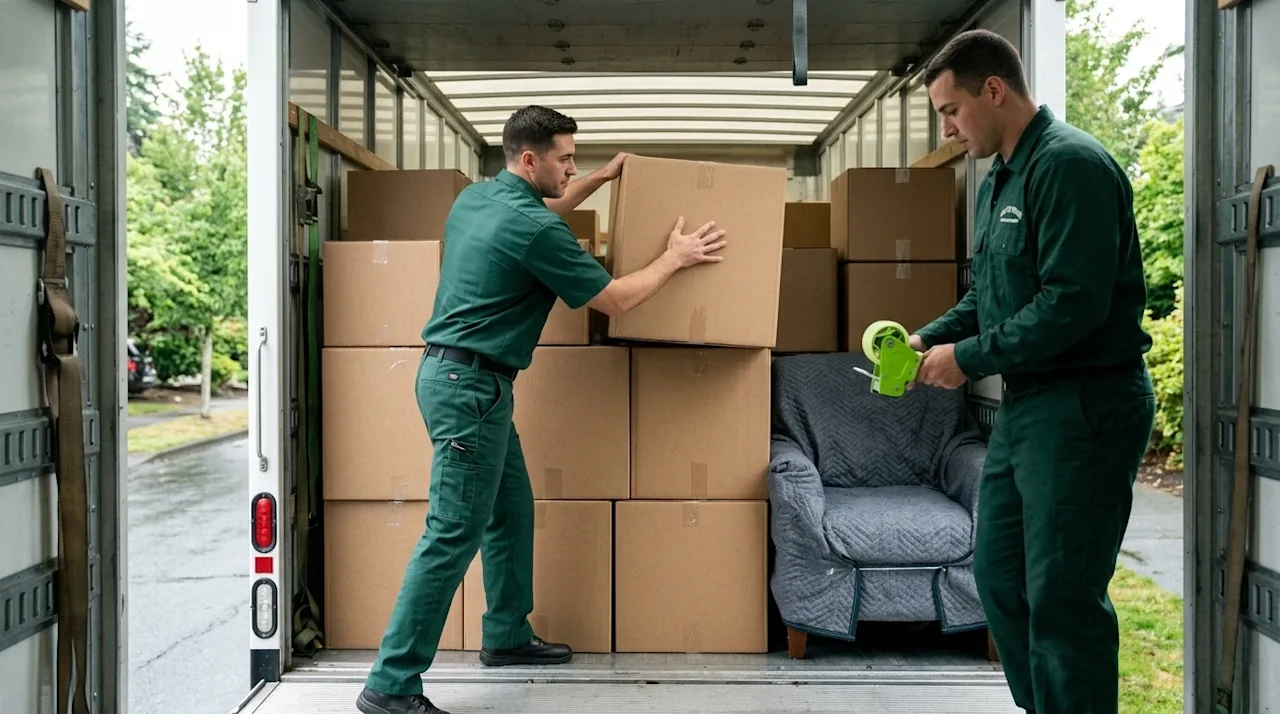 Professional marketing photography of two skilled movers in deep forest green uniforms expertly stacking varying sizes of boxes into a moving truck.