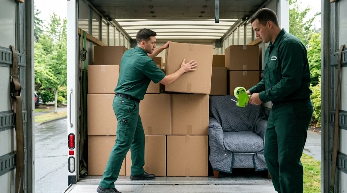 Professional marketing photography of two skilled movers in deep forest green uniforms expertly stacking varying sizes of boxes into a moving truck.