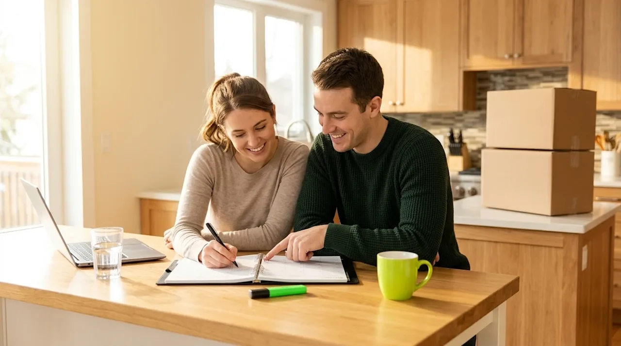 Clear and professional marketing photography of a young couple sitting at a bright, modern kitchen island, happily and stress