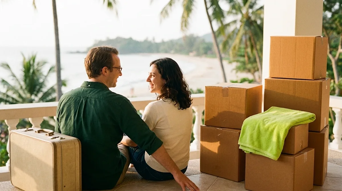A candid, 35mm film lifestyle photograph of a happy couple relaxing during a move that doubles as a vacation. They are sittin
