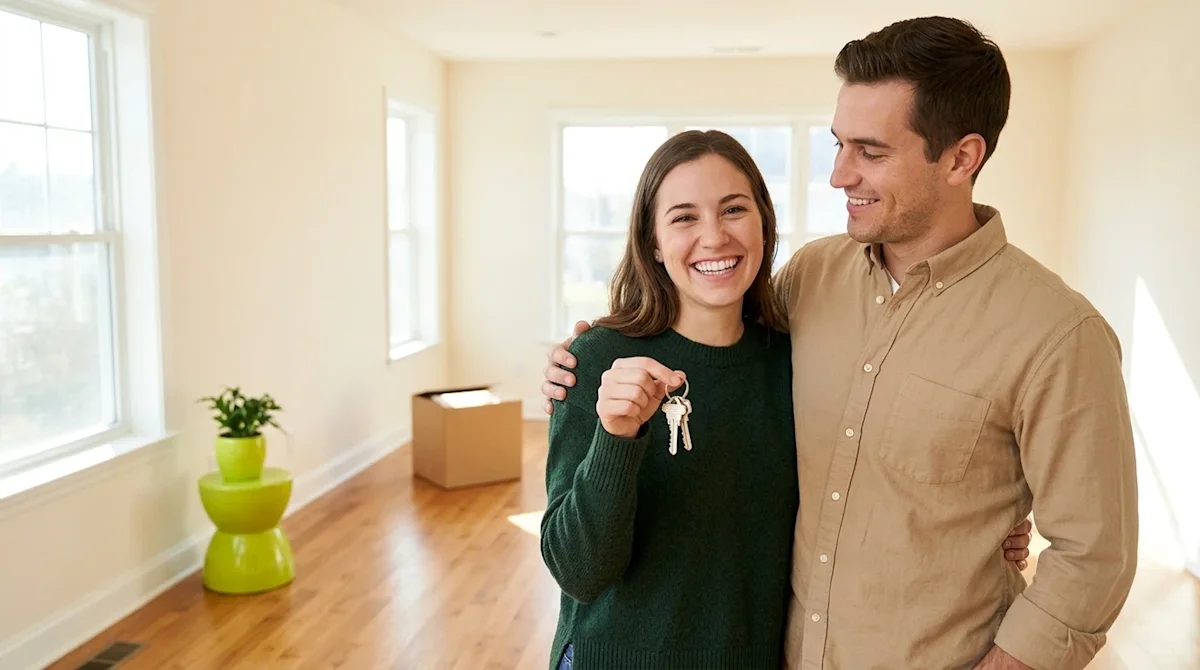 Professional marketing lifestyle photography of a happy young couple standing inside the bright, sunlit empty living room of