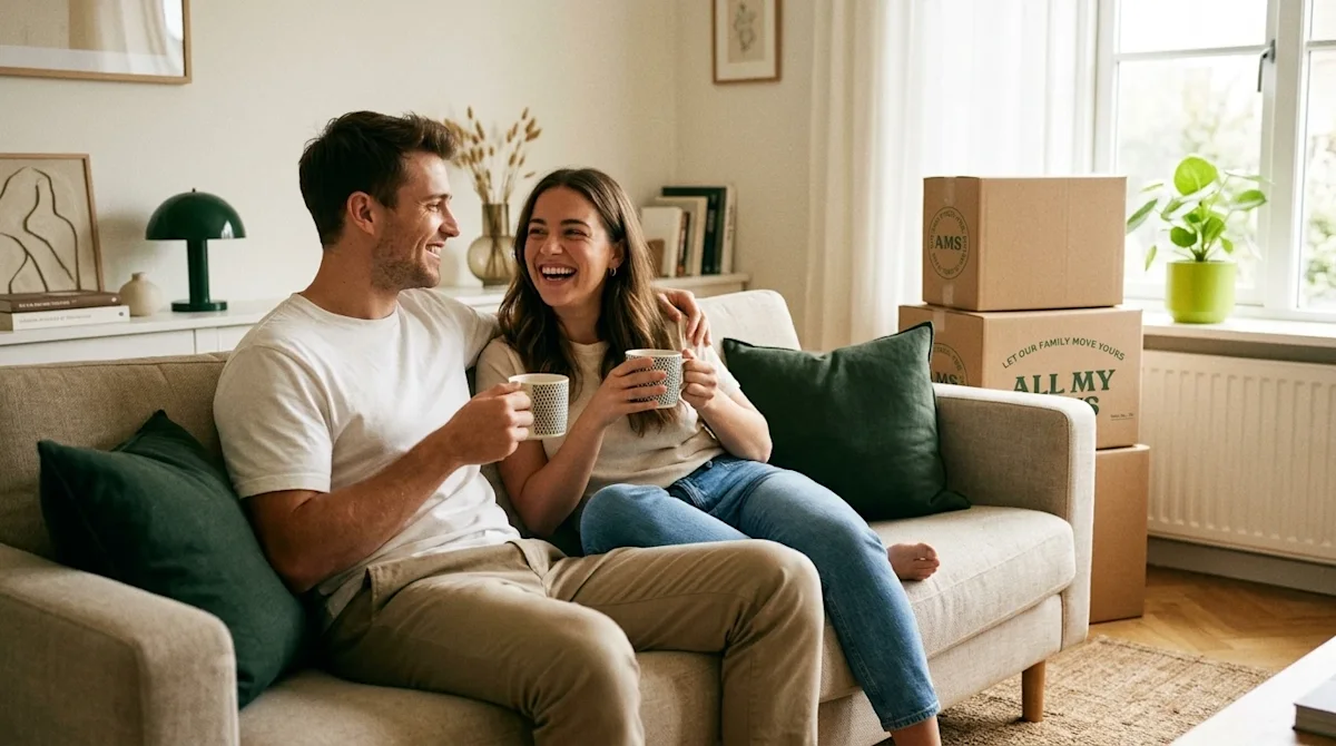 Clear, professional marketing photography, lifestyle shot. A completely relaxed and happy young couple sitting comfortably on