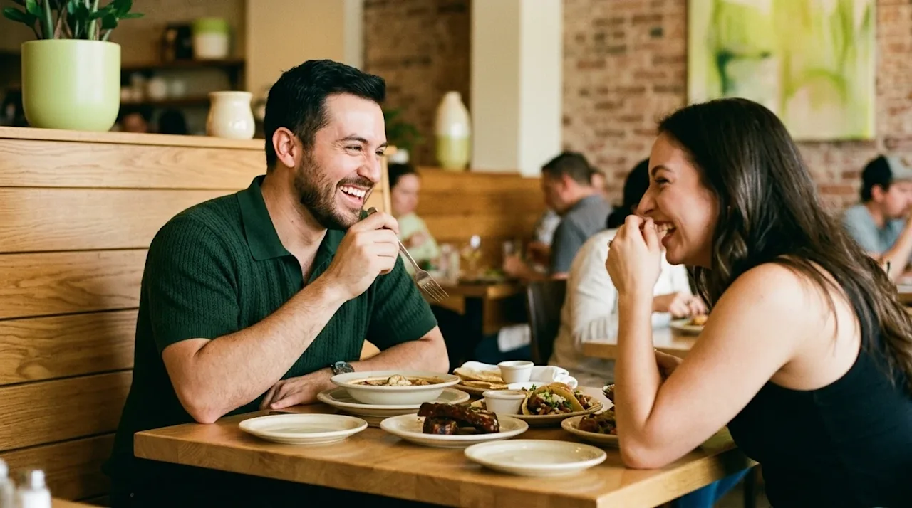Candid 35mm film photography of a joyful couple enjoying a meal together at a vibrant, welcoming restaurant in Houston. The t