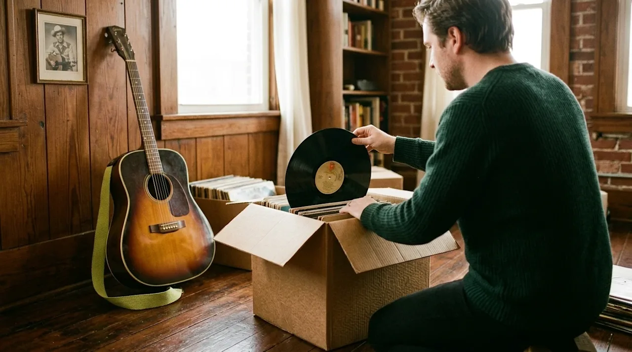 A candid, lifestyle film photograph of a person gently holding a classic vinyl record next to a vintage acoustic guitar in a