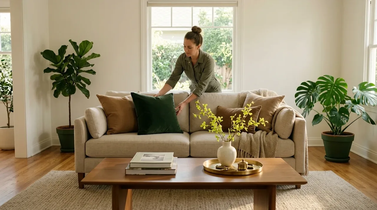 High-quality lifestyle photography of a warm, perfectly staged living room interior, capturing a stress-free and welcoming at