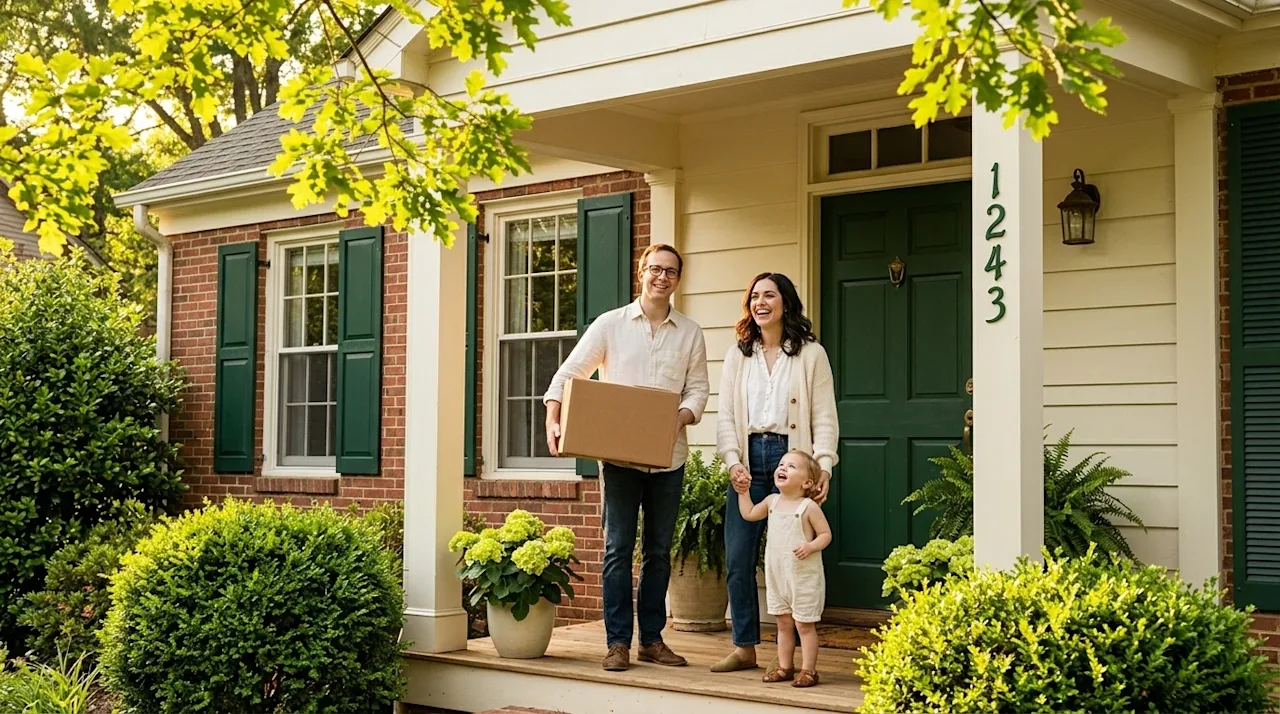 Professional marketing photography of a happy family standing on the front porch of a charming, traditional Southern-style ho